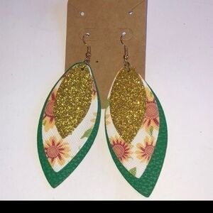 Floral Green and Gold Leaf Earrings